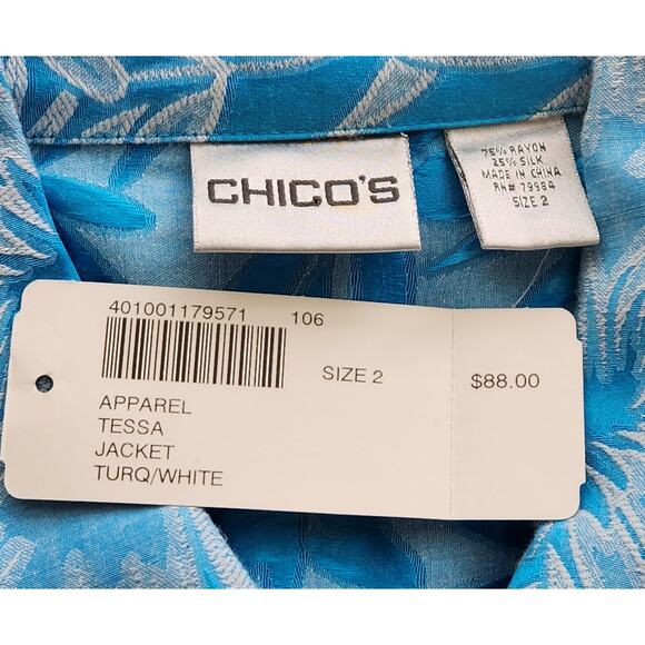 Chico's Tessa Jacket Turquoise White Floral Print Button 2 Large New With Tags - Picture 4 of 4